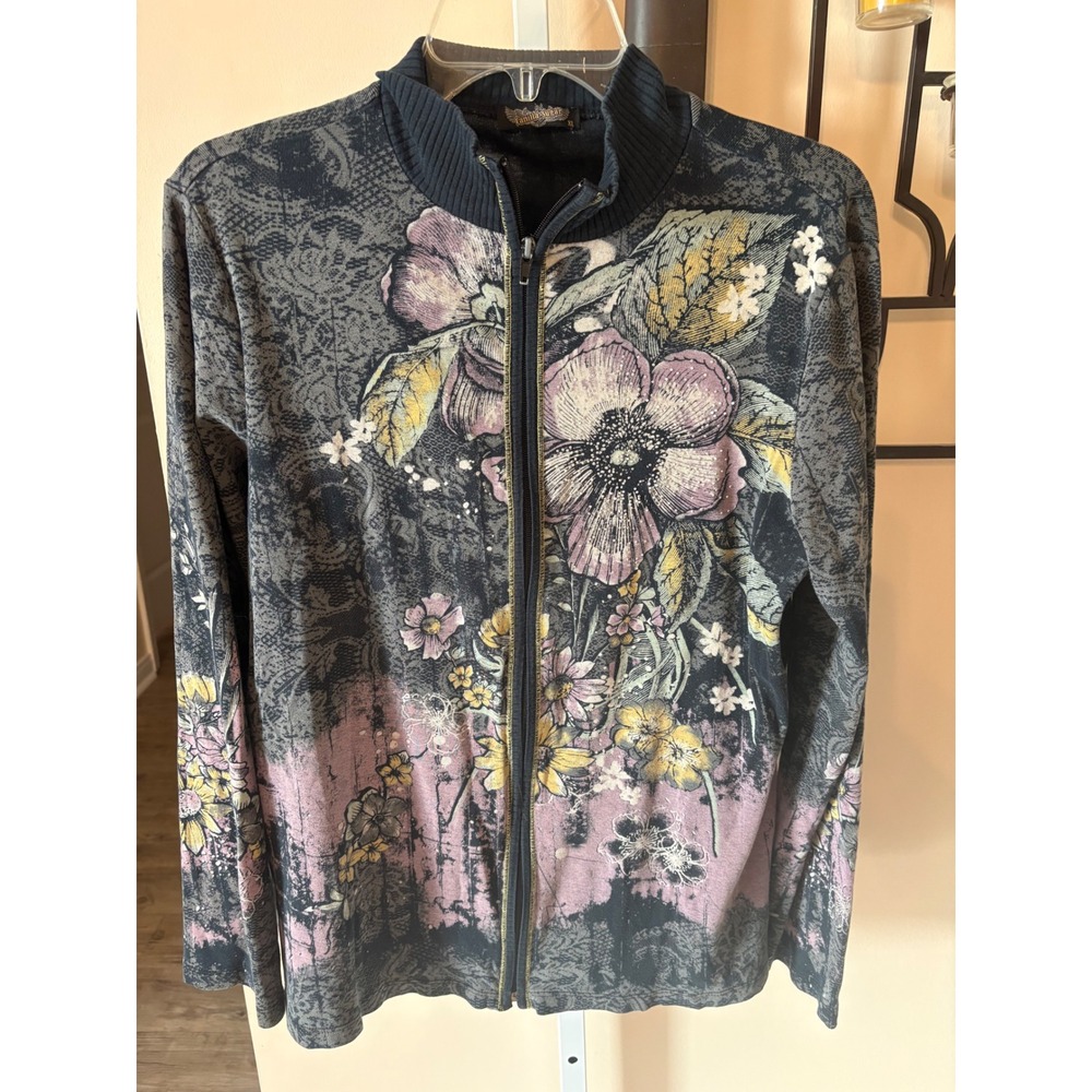 Vanilla Sugar Womens XL Floral Rhinestone Zip Up Mock Neck Jacket Y2K Style
